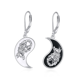 Sterling Silver Two-tone Wolf & Yin Yang Drop Earrings-1