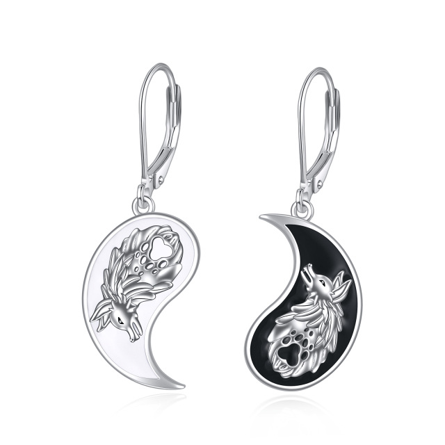 Boucles d'oreilles pendantes en argent sterling bicolore Loup & Yin Yang-1