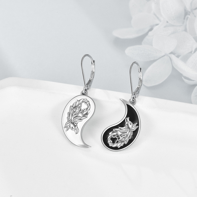 Boucles d'oreilles pendantes en argent sterling bicolore Loup & Yin Yang-3