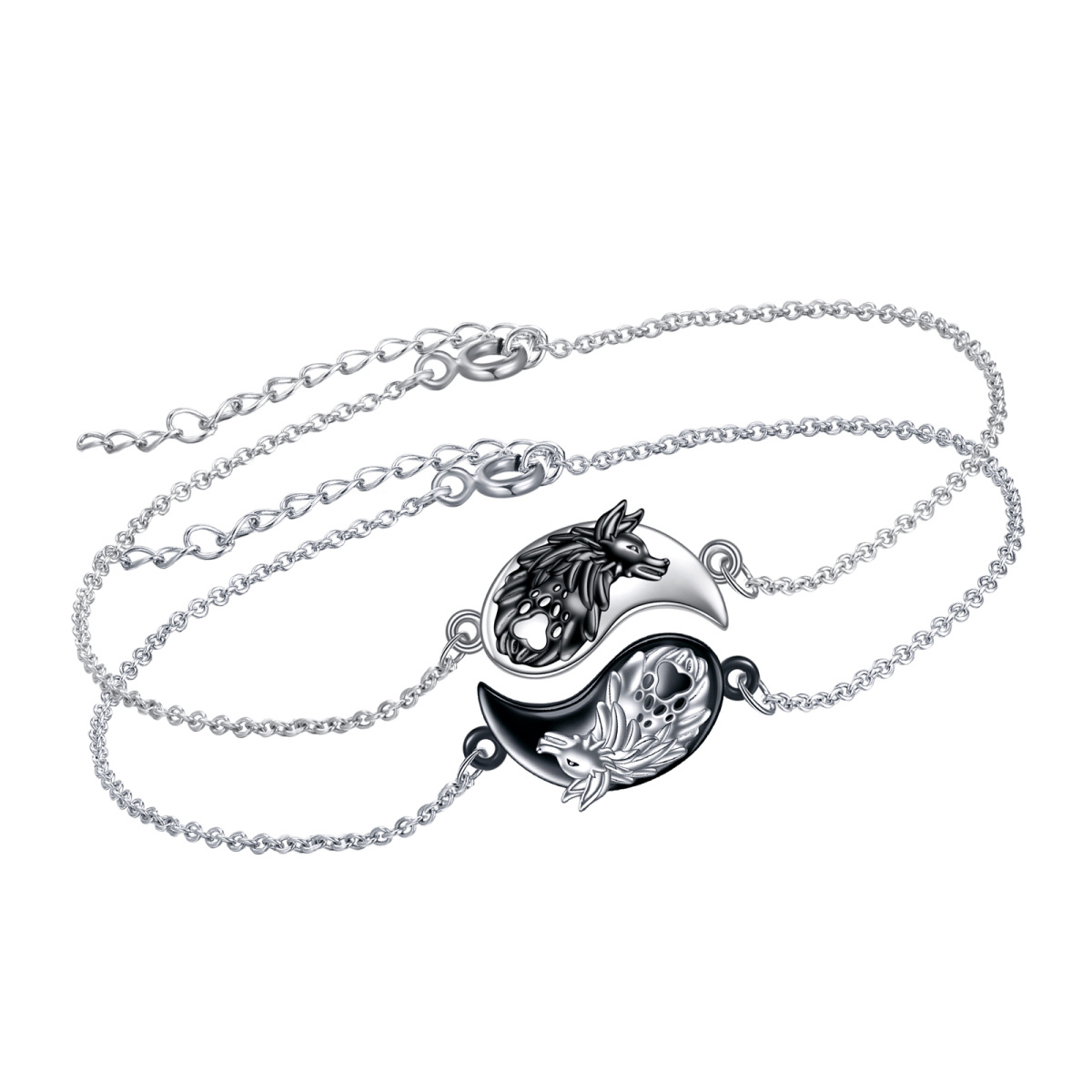 Pulsera de plata de ley bicolor Lobo y colgante Yin Yang-1