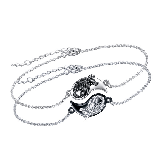 Pulsera de plata de ley bicolor Lobo y colgante Yin Yang