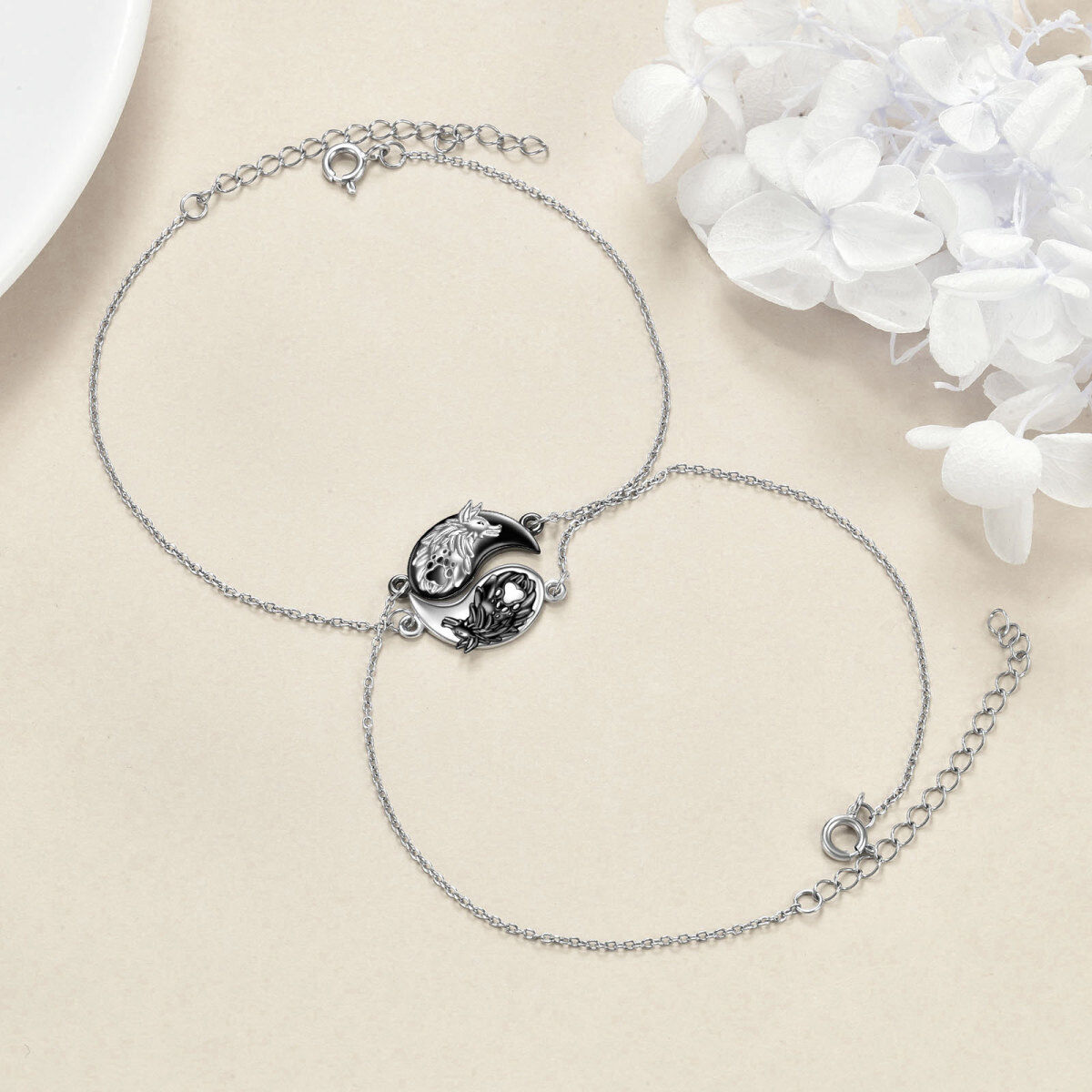 Sterling Silber zweifarbiger Wolf & Yin Yang Anhänger Armband-5