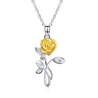 Sterling Silver Two-tone Zirconia Yellow Rose Pendant Necklace-56