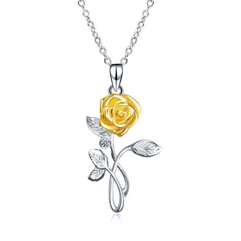 Sterling Silver Two-tone Zirconia Yellow Rose Pendant Necklace