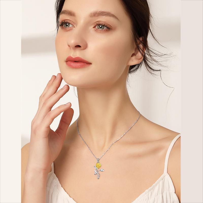 Sterling Silber zweifarbig Zirkonia Gelbe Rose Anhänger Halskette-2