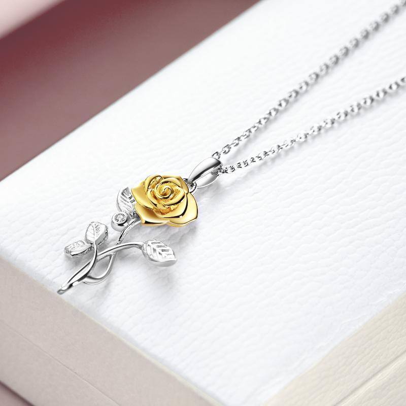 Sterling Silver Two-tone Zirconia Yellow Rose Pendant Necklace-3