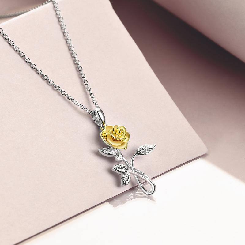 Sterling Silver Two-tone Zirconia Yellow Rose Pendant Necklace-4