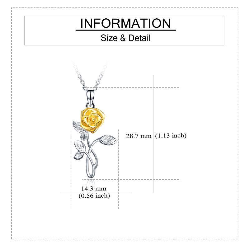 Sterling Silver Two-tone Zirconia Yellow Rose Pendant Necklace-5