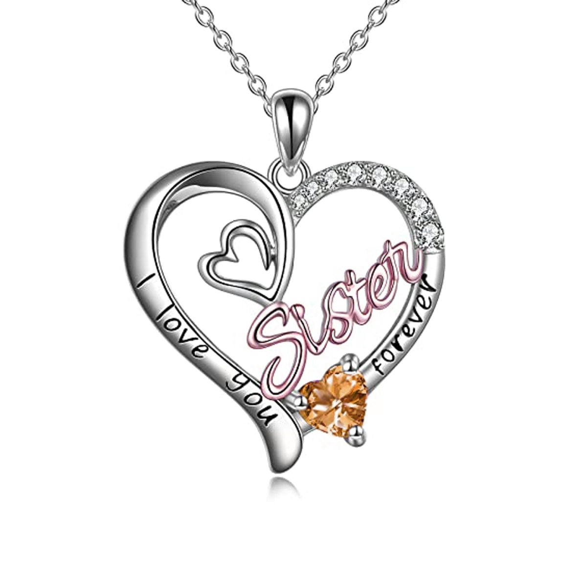 Sterling Silver Two-tone Yellow Cubic Zirconia Sisters Heart Engraved Necklace for Women-1