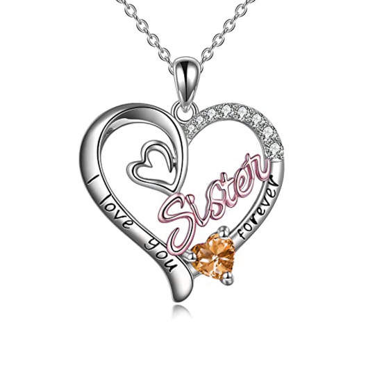 Sterling Silver Two-tone Yellow Cubic Zirconia Sisters Heart Engraved Necklace for Women