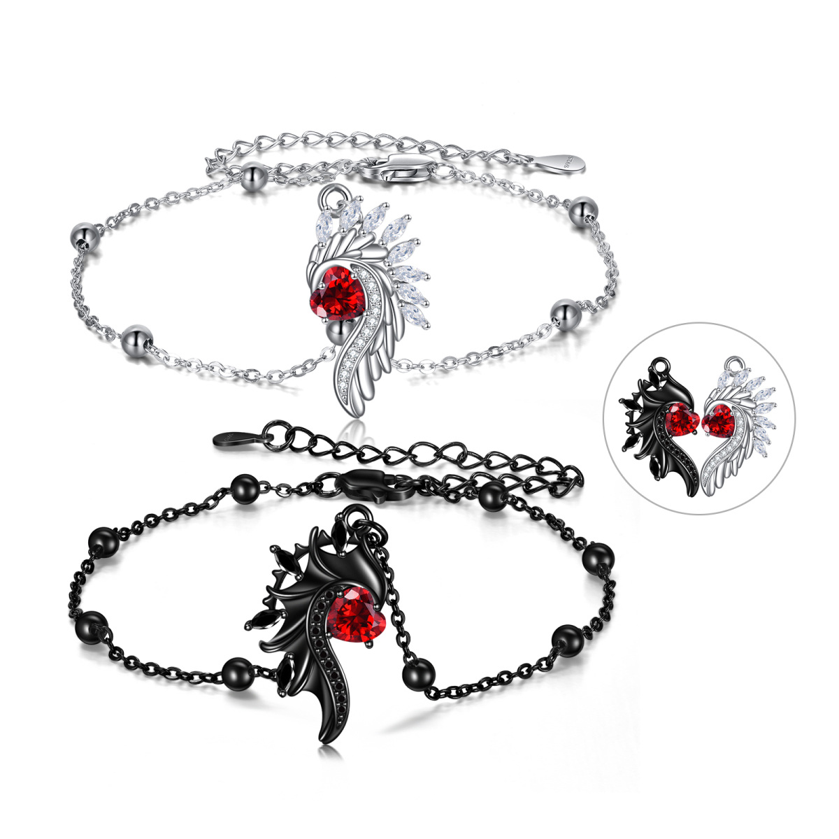 Pulsera de plata de ley con colgante de alas de ángel y circonitas en dos tonos-1