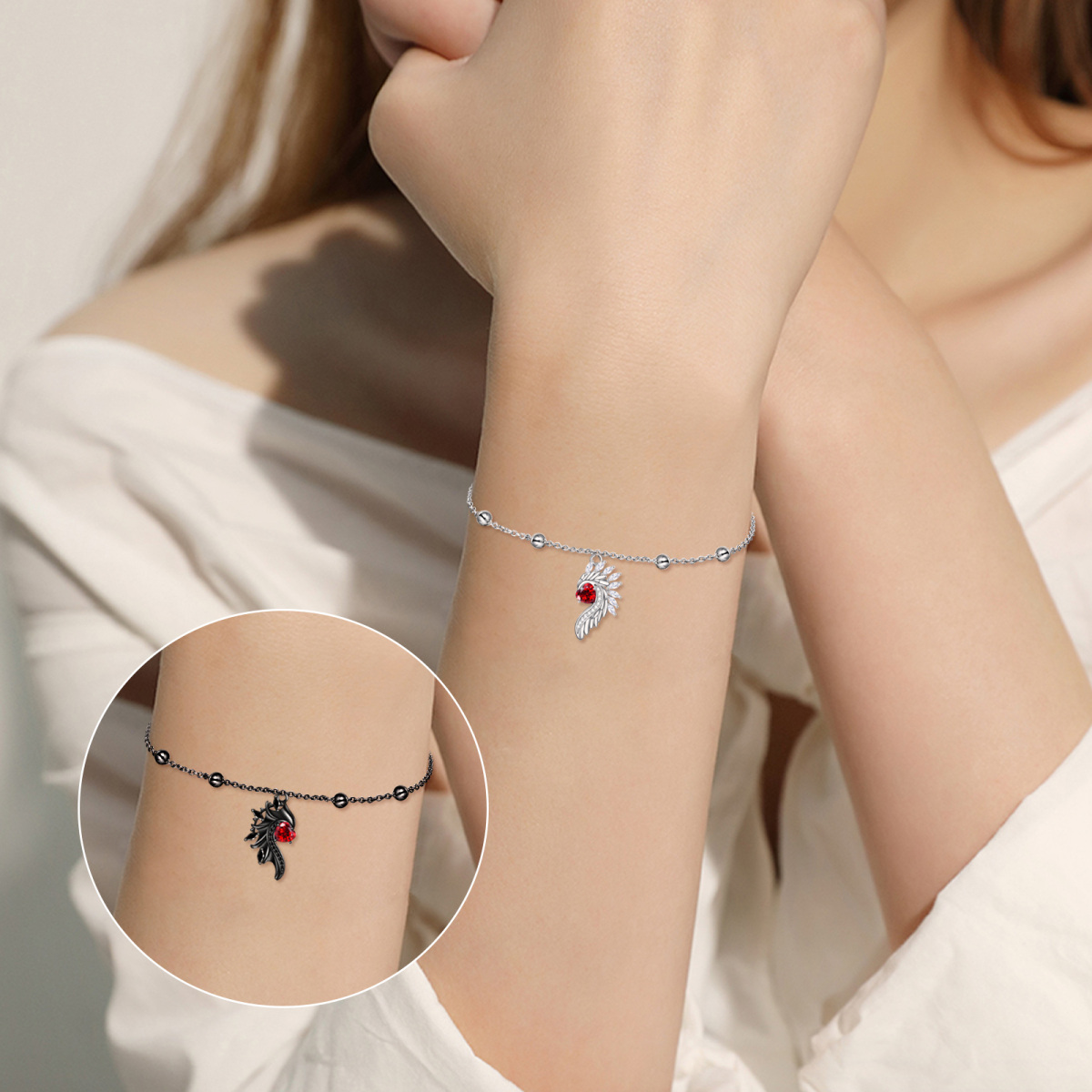 Pulsera de plata de ley con colgante de alas de ángel y circonitas en dos tonos-2