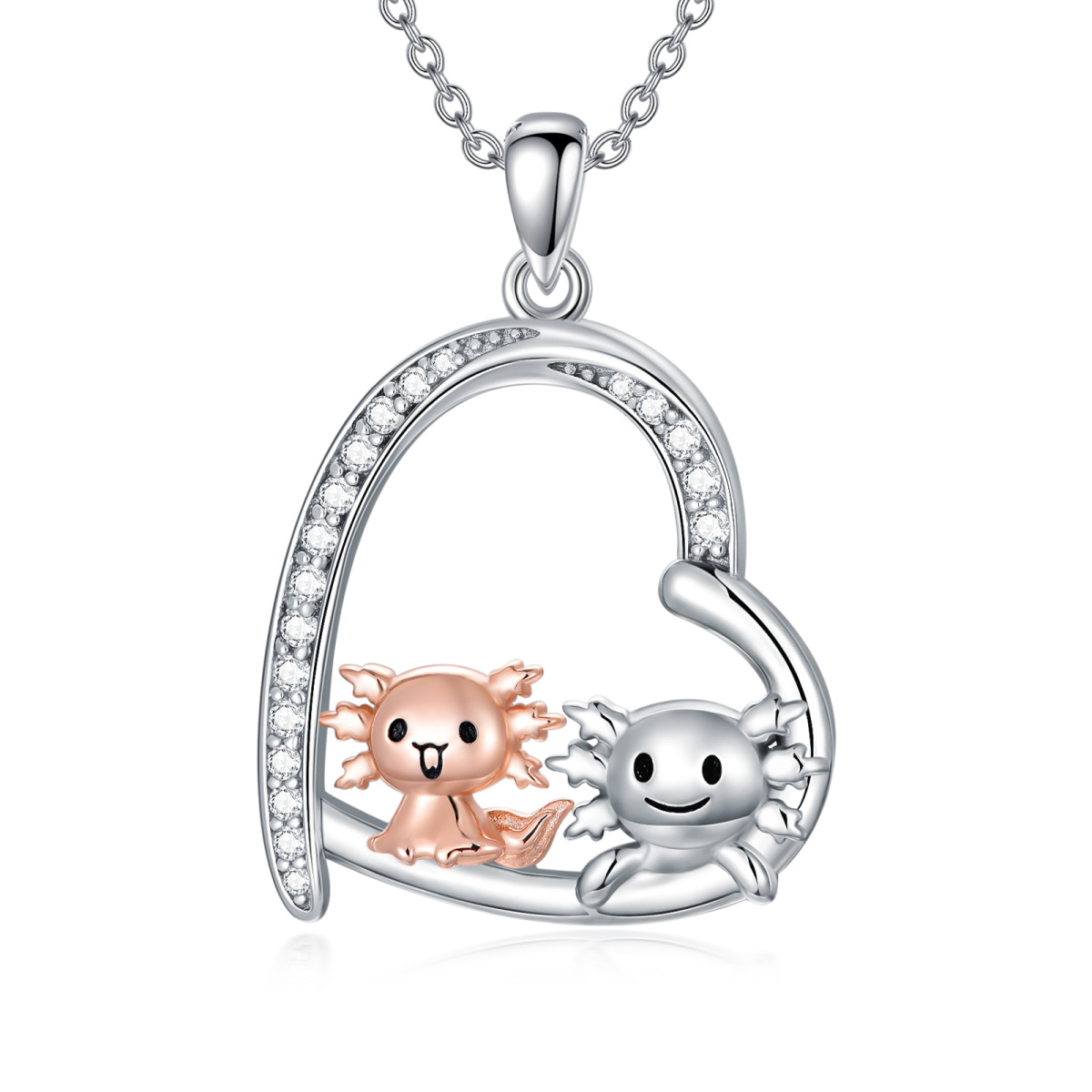 Collana con ciondolo Axolotl e cuore in argento sterling e zirconi bicolore-1