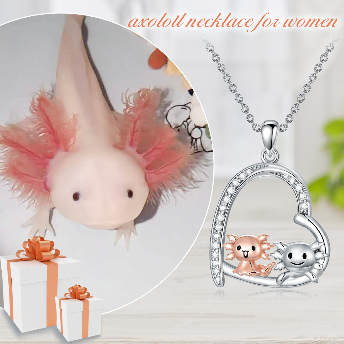 Collana con ciondolo Axolotl e cuore in argento sterling e zirconi bicolore-3