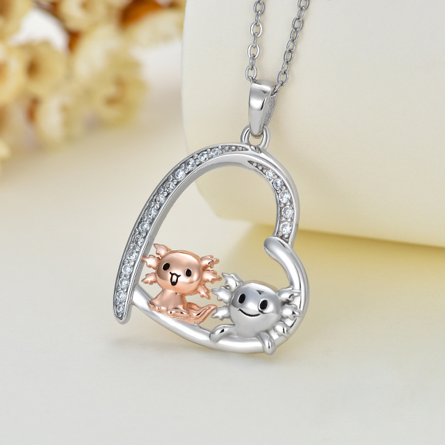 Sterling Silver Two-tone Zircon Axolotl & Heart Pendant Necklace-4