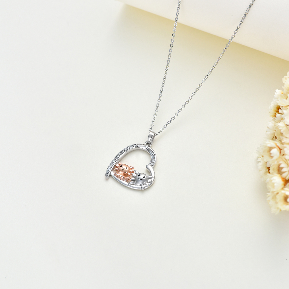 Sterling Silver Two-tone Zircon Axolotl & Heart Pendant Necklace-5