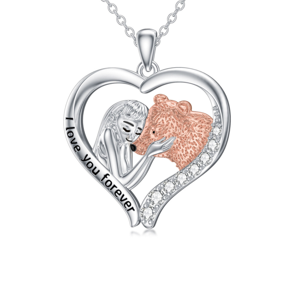 Collana con ciondolo a forma di orso in argento sterling bicolore con zircone e parola incisa-1