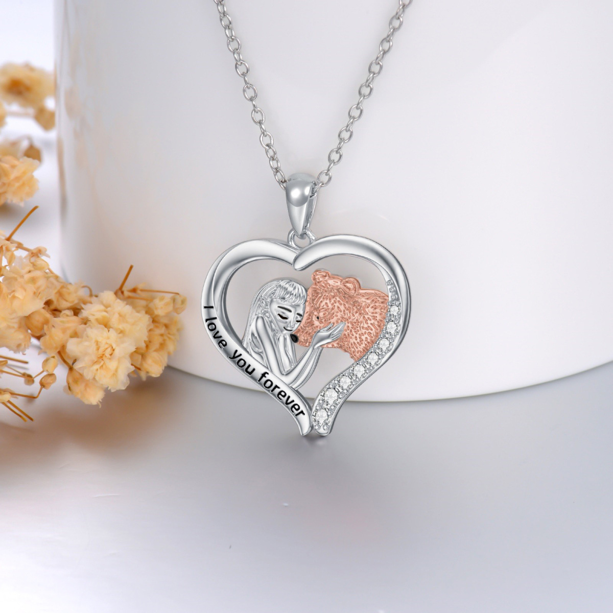 Sterling Silver Two-tone Zircon Bear Pendant Necklace with Engraved Word-3