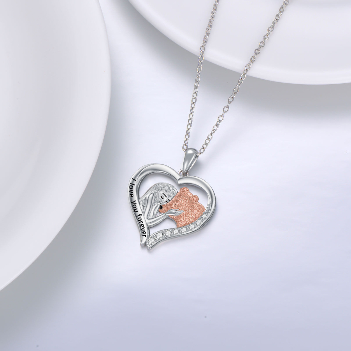 Sterling Silver Two-tone Zircon Bear Pendant Necklace with Engraved Word-4