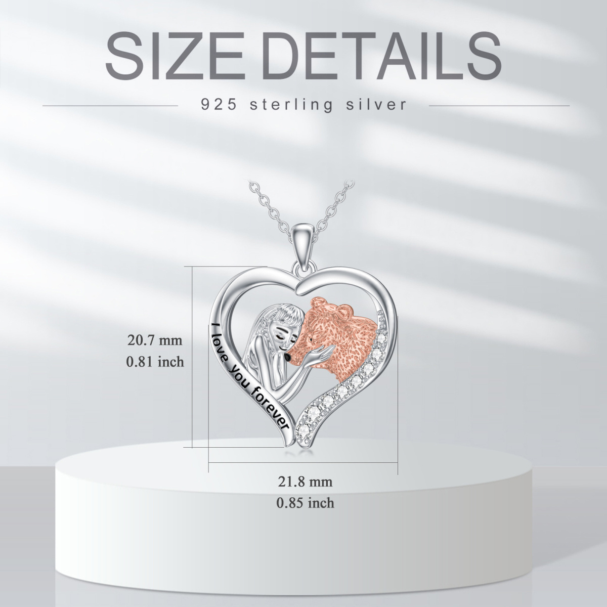 Sterling Silver Two-tone Zircon Bear Pendant Necklace with Engraved Word-5