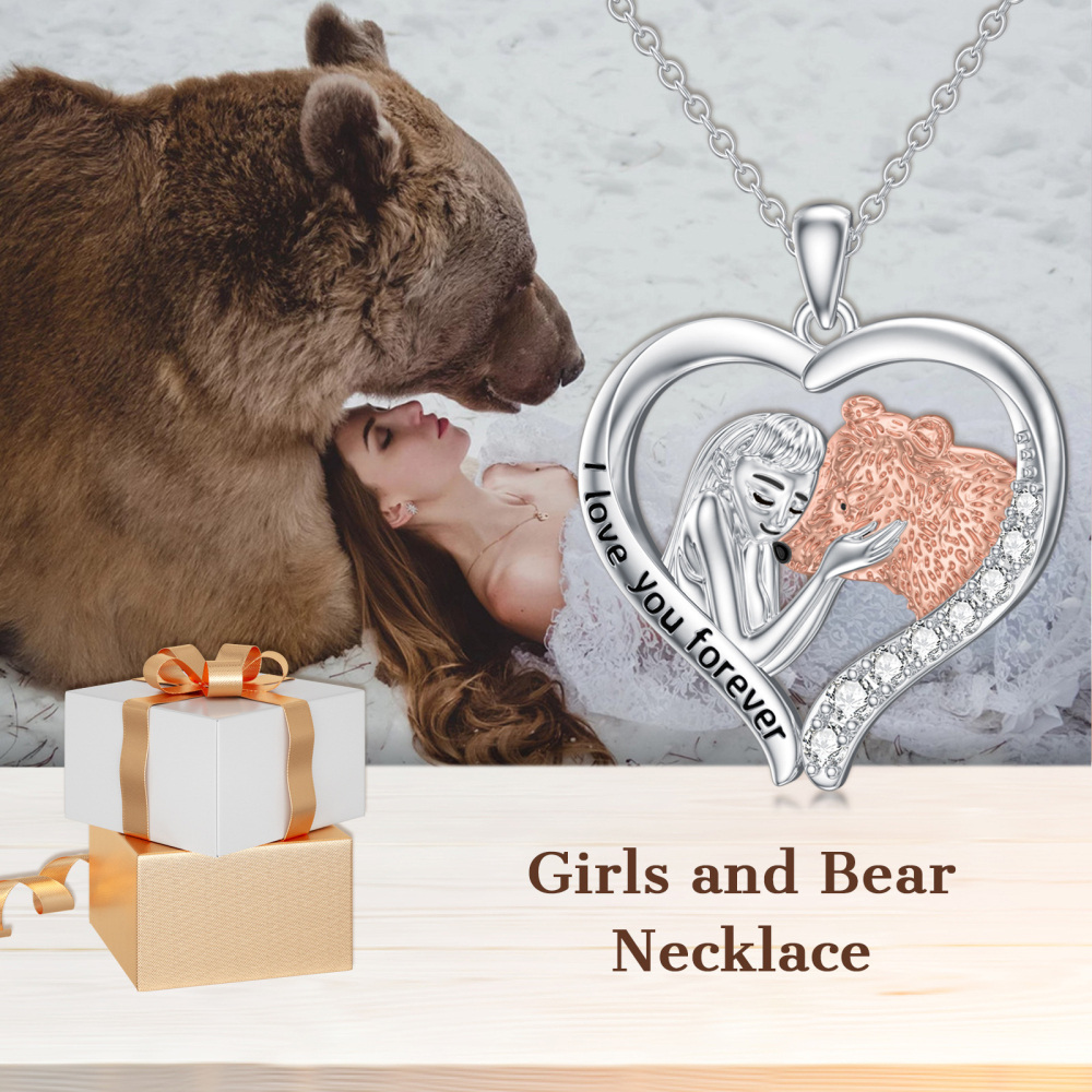 Collana con ciondolo a forma di orso in argento sterling bicolore con zircone e parola incisa-6