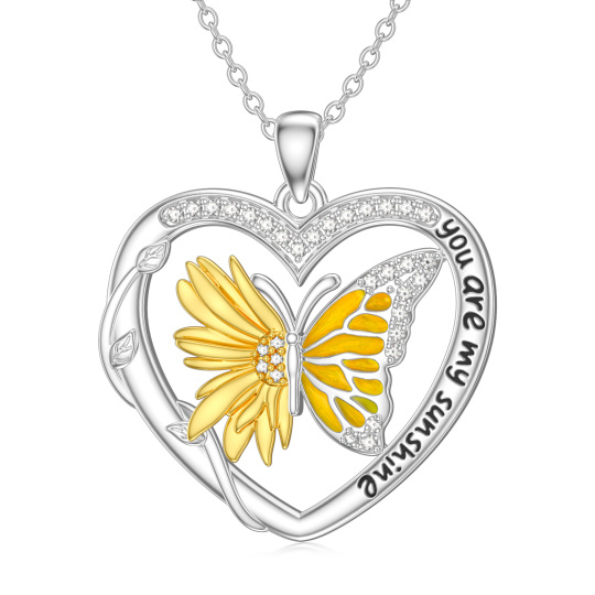 Sterling Silver Two-tone Zircon Butterfly & Sunflower & Heart Pendant Necklace with Engraved Word