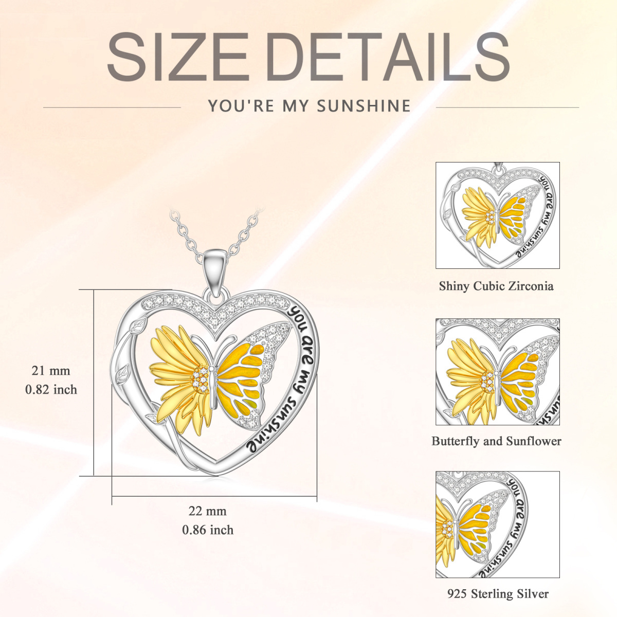 Sterling Silver Two-Tone Heart Zircon Butterfly & Sunflowerpendant Necklace With Engraved Word For Women-5