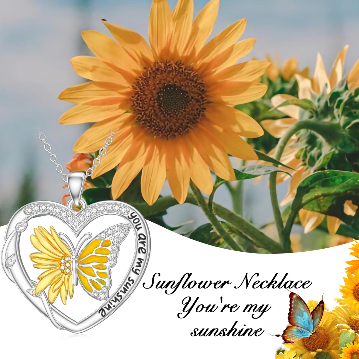 Collar con colgante de mariposa y girasol de circonitas en forma de corazón de dos tonos de plata de ley con palabra grabada para mujer-6