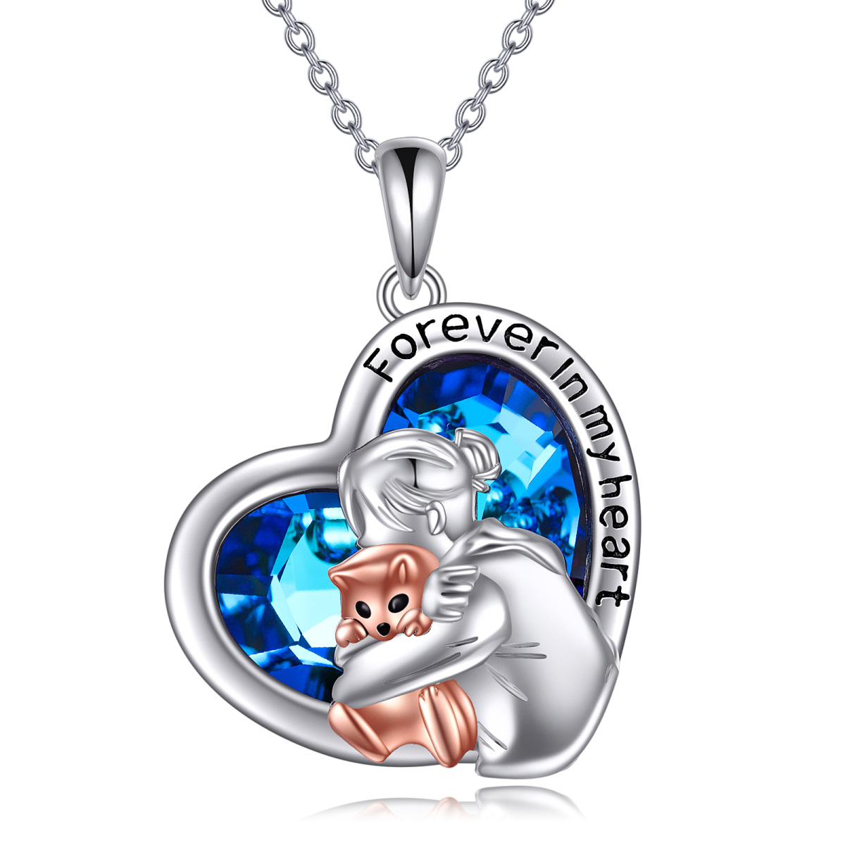 Sterling Silver Two-tone Zircon Cat & Heart Pendant Necklace with Engraved Word-1