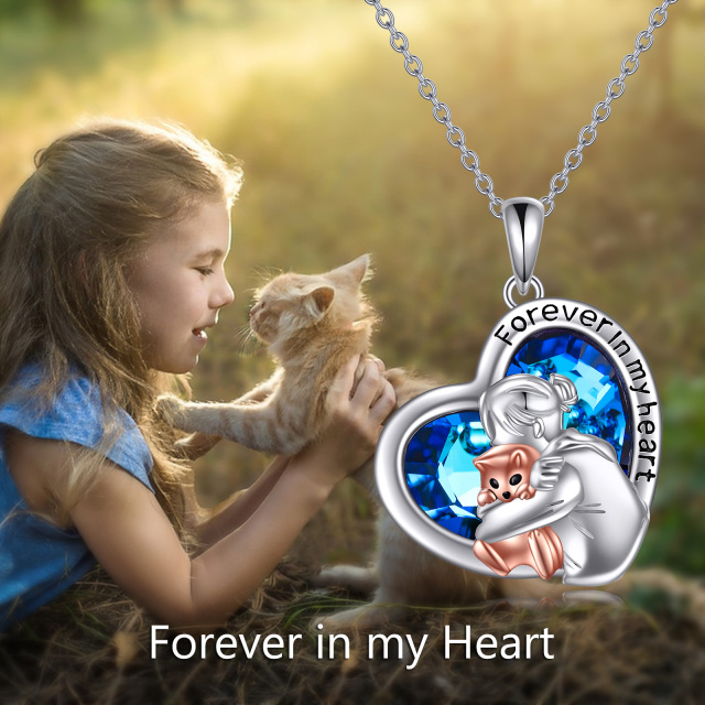 Collar con colgante de plata de ley de dos tonos de circonitas, gato y corazón con palabra-6