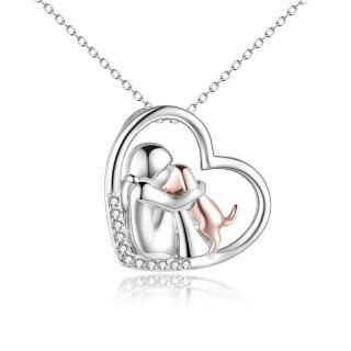 Sterling Silver Two-tone Zircon Dog & Heart Pendant Necklace-50