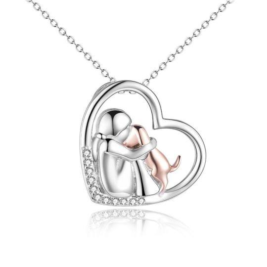 Sterling Silver Two-tone Zircon Dog & Heart Pendant Necklace