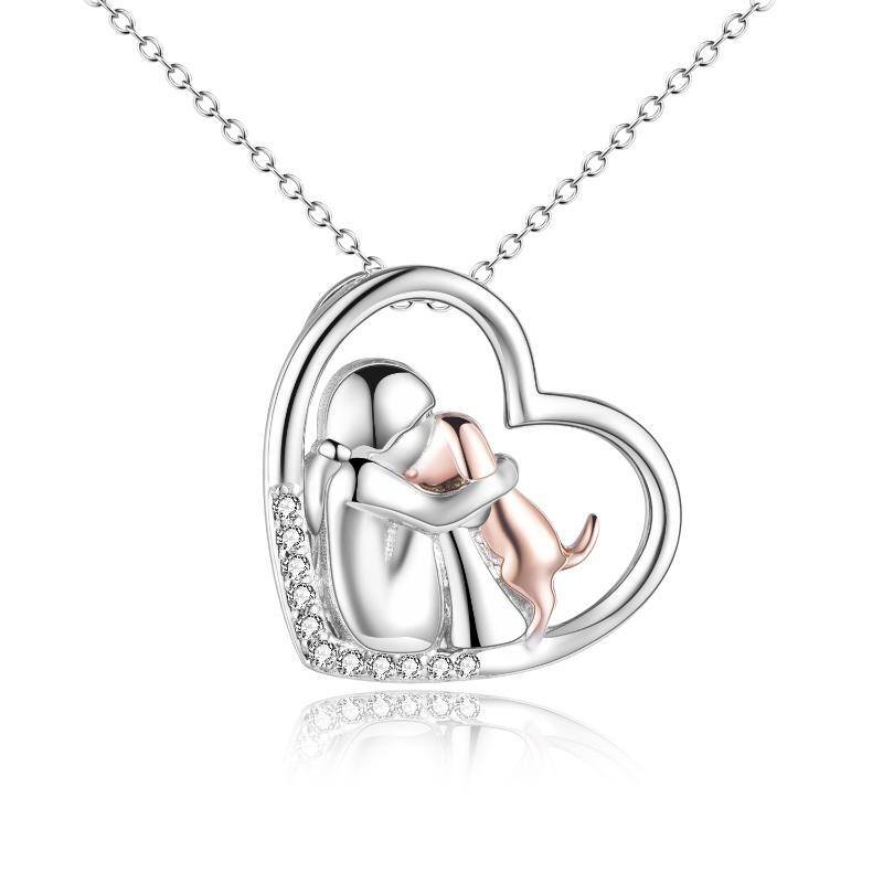 Sterling Silver Two-tone Zircon Dog & Heart Pendant Necklace-1