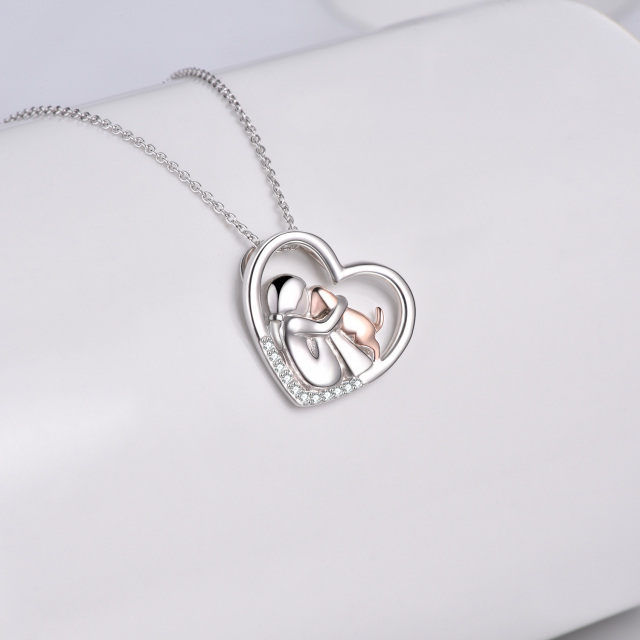 Sterling Silver Two-tone Zircon Dog & Heart Pendant Necklace-5