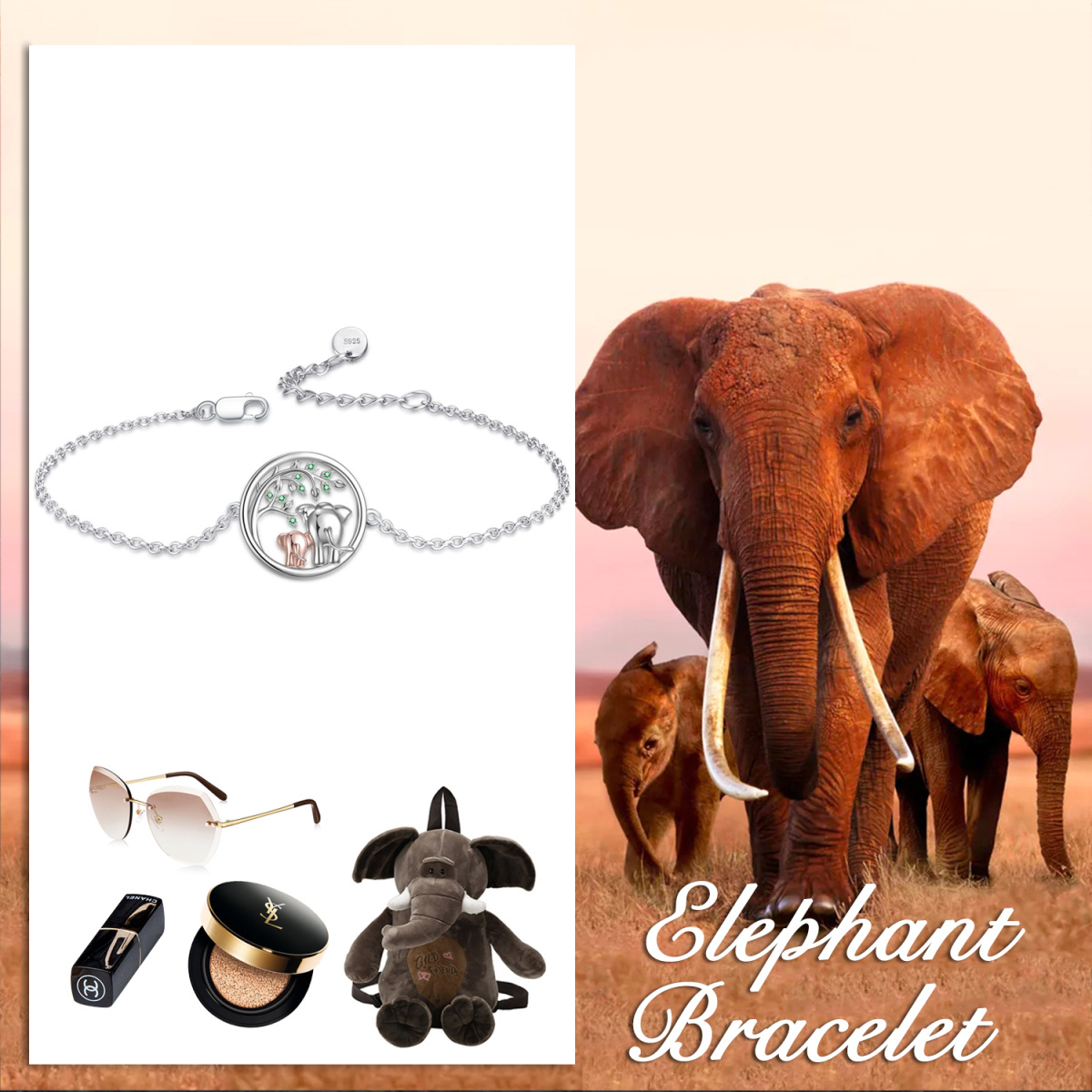 Pulsera Colgante Elefante Circonita Bicolor Plata de Ley-4