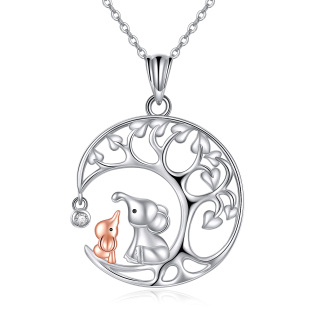 Sterling Silver Two-tone Zircon Elephant & Tree Of Life Pendant Necklace-2