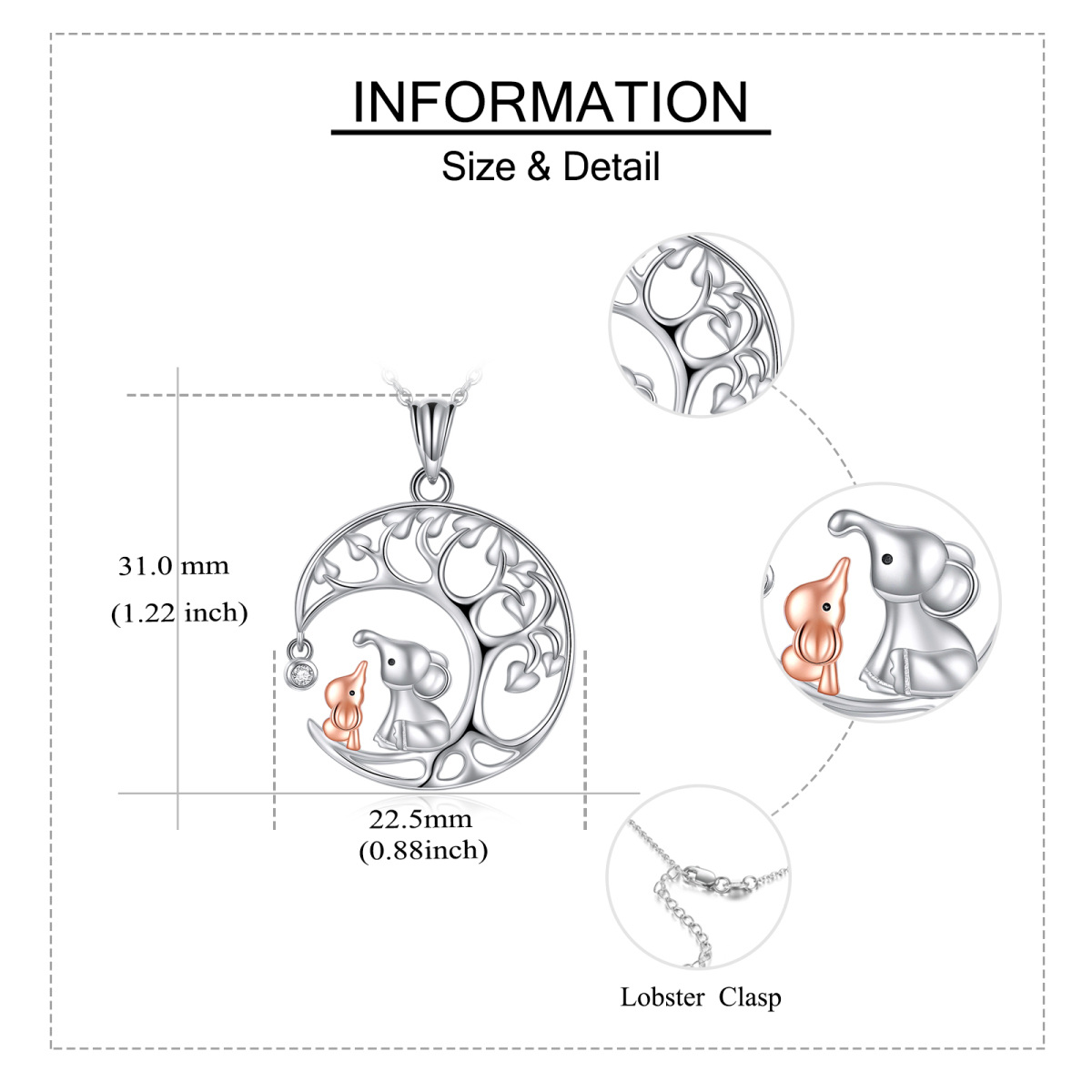 Sterling Silber zweifarbig Zirkon Elefant & Baum des Lebens Anhänger Halskette-5