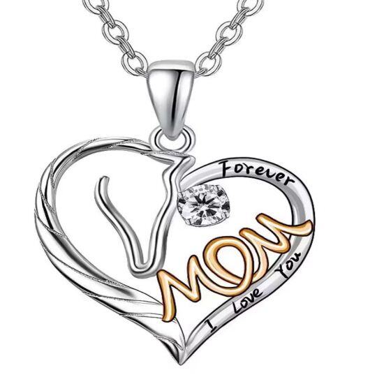 Sterling Silver Two-tone Zircon Heart Pendant Necklace with Engraved Word