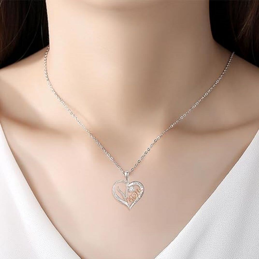 Sterling Silver Two-tone Zircon Heart Pendant Necklace with Engraved Word-2