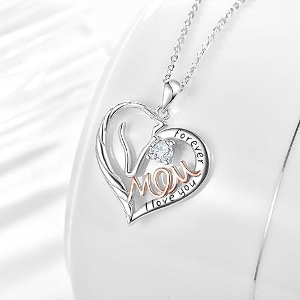 Sterling Silver Two-tone Zircon Heart Pendant Necklace with Engraved Word-3