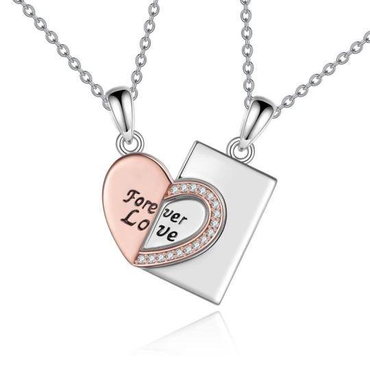 Sterling Silver Two-tone Zircon Heart Pendant Necklace