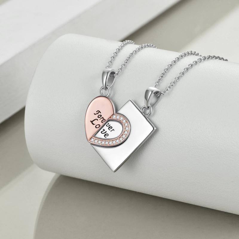 Collana con ciondolo a forma di cuore in argento sterling bicolore con zircone-3