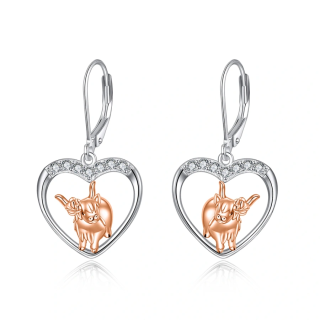 Sterling Silver Two-tone Zircon Highland Cow & Heart Lever-back Earrings for Women-6