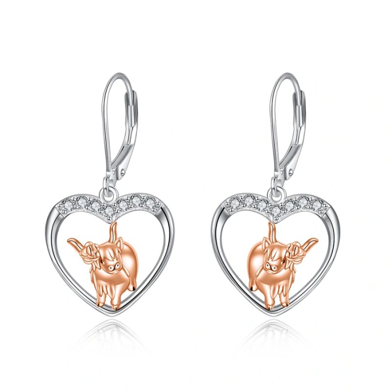 Sterling Silver Two-tone Zircon Highland Cow & Heart Lever-back Earrings for Women-12