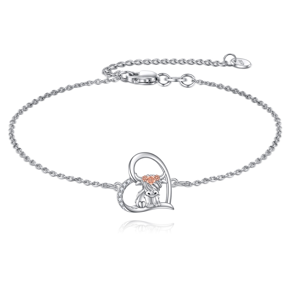 Sterling Silver Two-tone Zircon Highland Cow & Heart Charm Bracelet-1