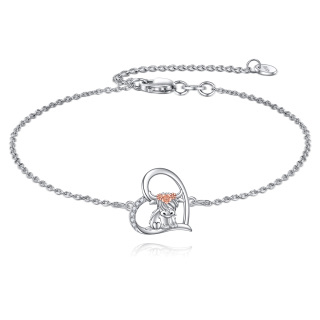 Sterling Silver Two-tone Zircon Highland Cow & Heart Charm Bracelet-6