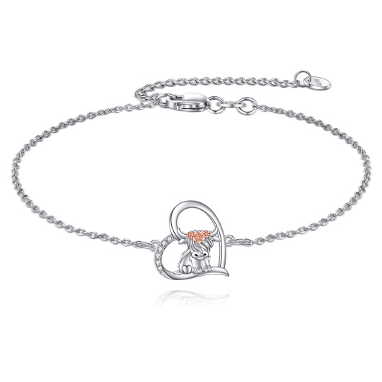 Sterling Silver Two-tone Zircon Highland Cow & Heart Pendant Bracelet