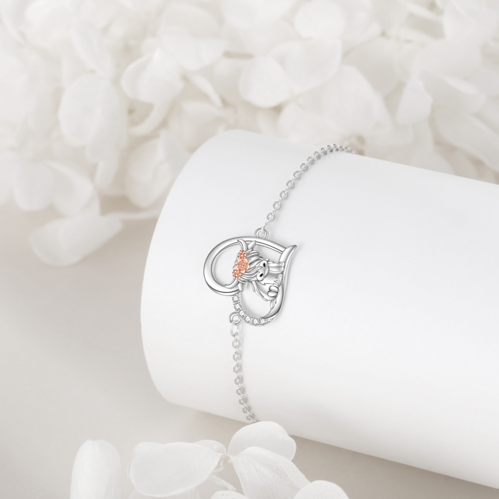 Pulsera de plata de ley con colgante de corazón y vaca Highland de circonitas en dos tonos-3