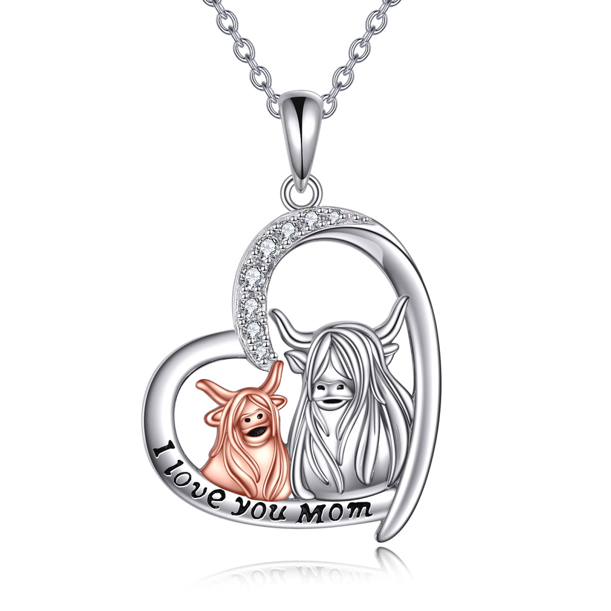 Collana con ciondolo a cuore e mucca Highland in argento sterling con zirconi bicolore e parola incisa-1