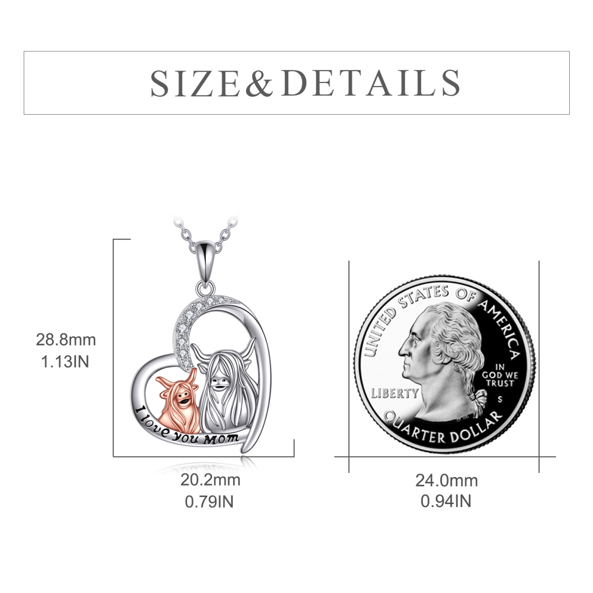 Sterling Silber zweifarbig Zirkon Highland Cow & Herz Anhänger Halskette mit eingraviertem-5